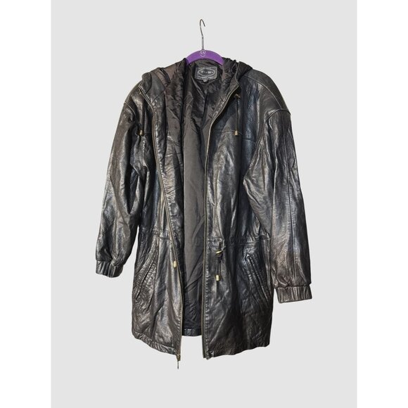 Tannery West Black Hooded Leather Jacket With Gold Accent Zippers Zip-Up Front & - Picture 1 of 16